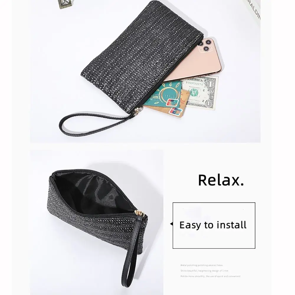 Weaving Bag Fashion Ladies Wristlet Clutch Women Daily Money Phone Clutch Solid Straw Woven Coin Purse Beach Wallet Card Holder