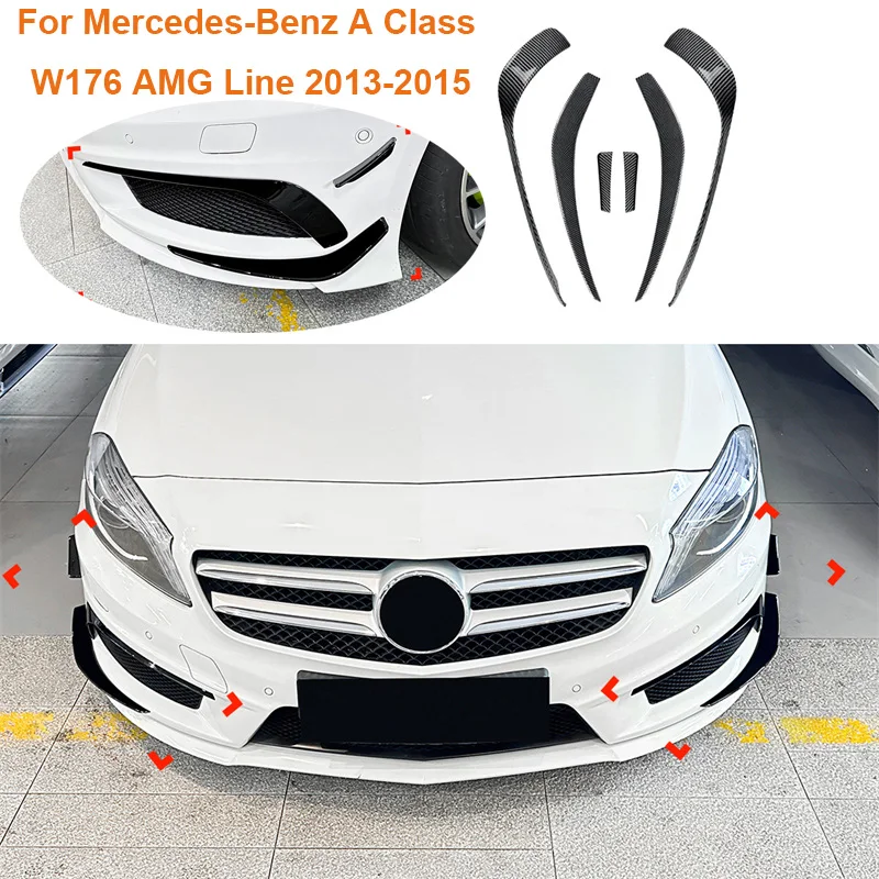 6PC For Mercedes-Benz A Class W176 AMG Line 2013-2015 Glossy ABS Front Bumper Cover Wind Knife Fog Lamp Trim Blade Trim Light