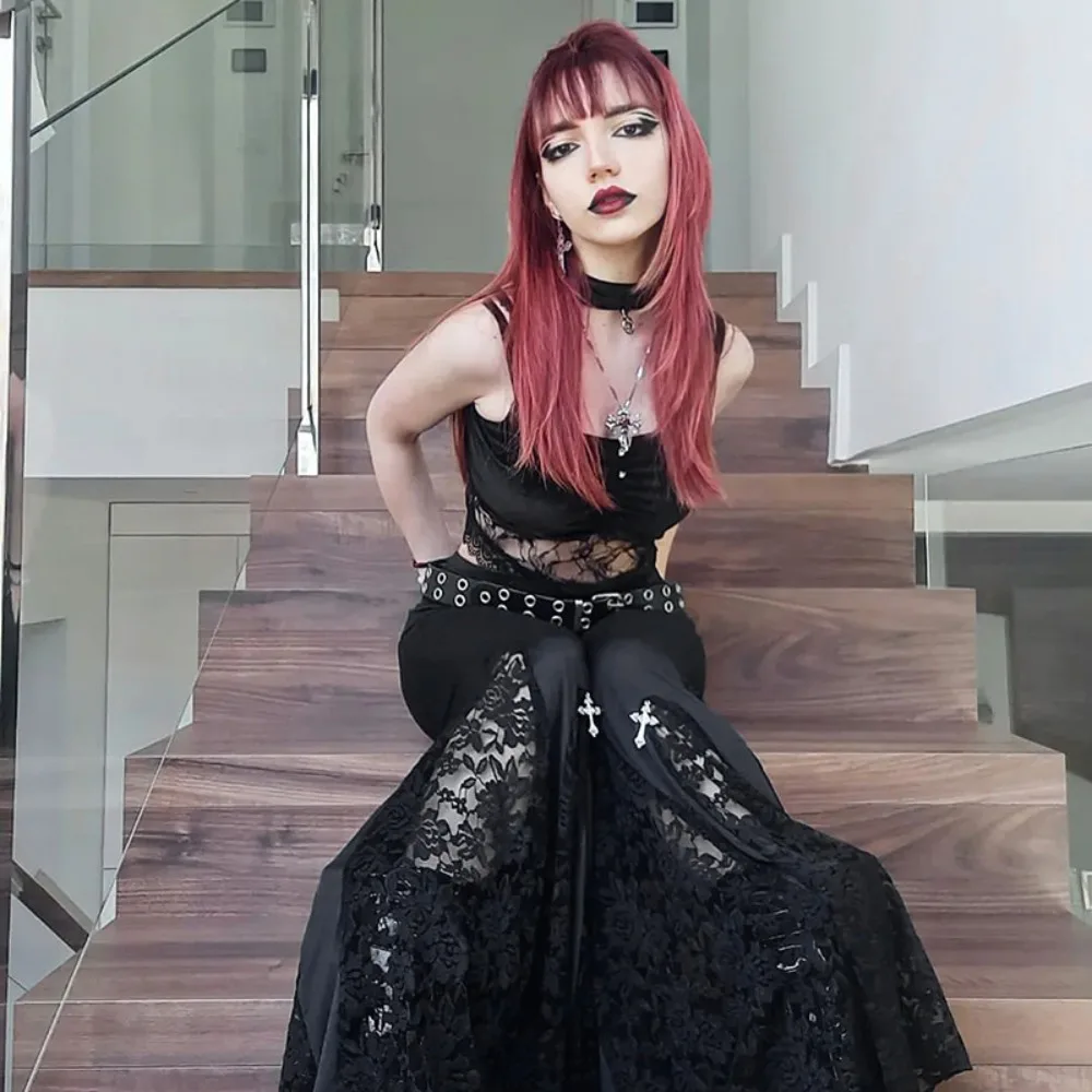 하이 웨이스트 레이스 컷아웃 블랙 플레어 팬츠 - 다크 펑크 스타일 새로운 가을 다목적 스트레이트 레그 바지