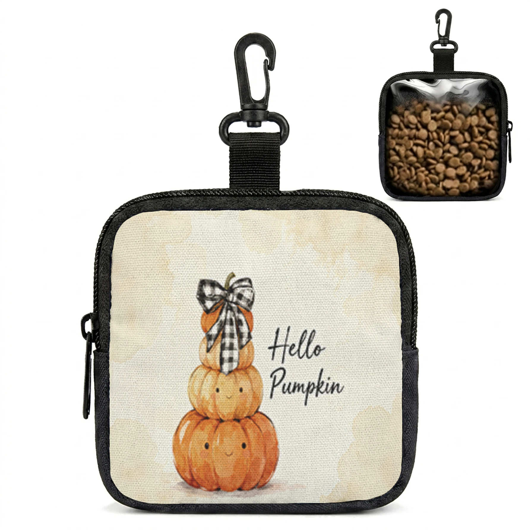 Hello Pumpkin Stack Print Mini Zipper Pouch With Carabiner, Portable Storage Bag For Pet Treats Earphone Coin