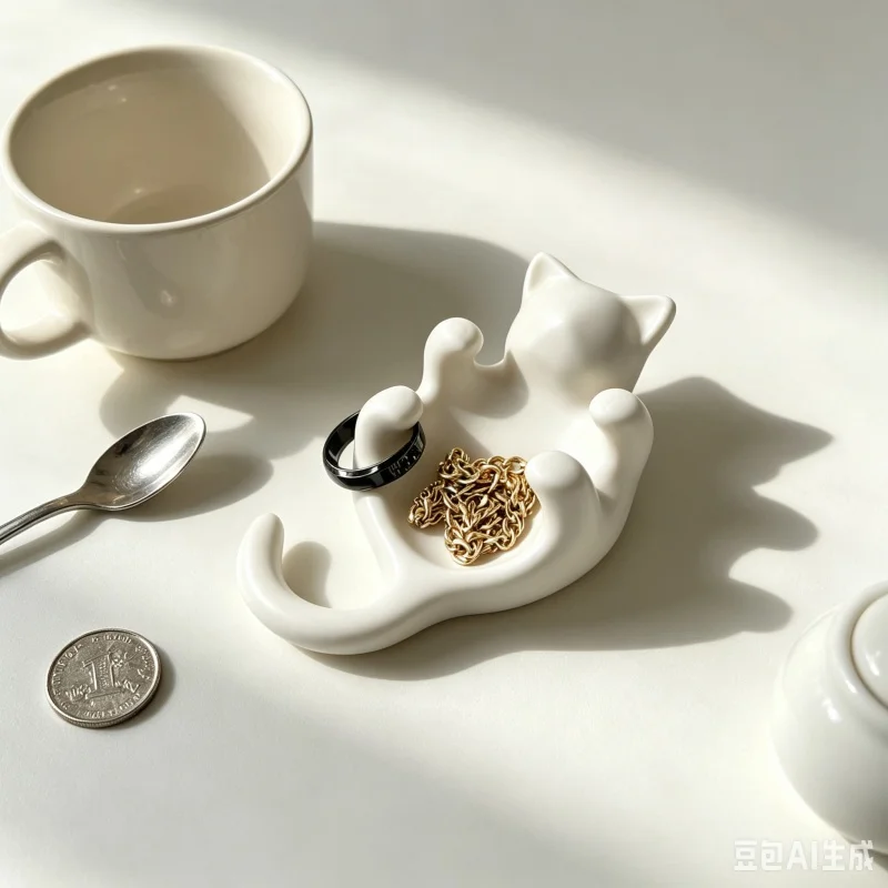 3D Printed Matte Black Lying Cat Kitten Shaped Ring Holder Minimalist Trinket Storage Dish Desktop Home Decor Ornament