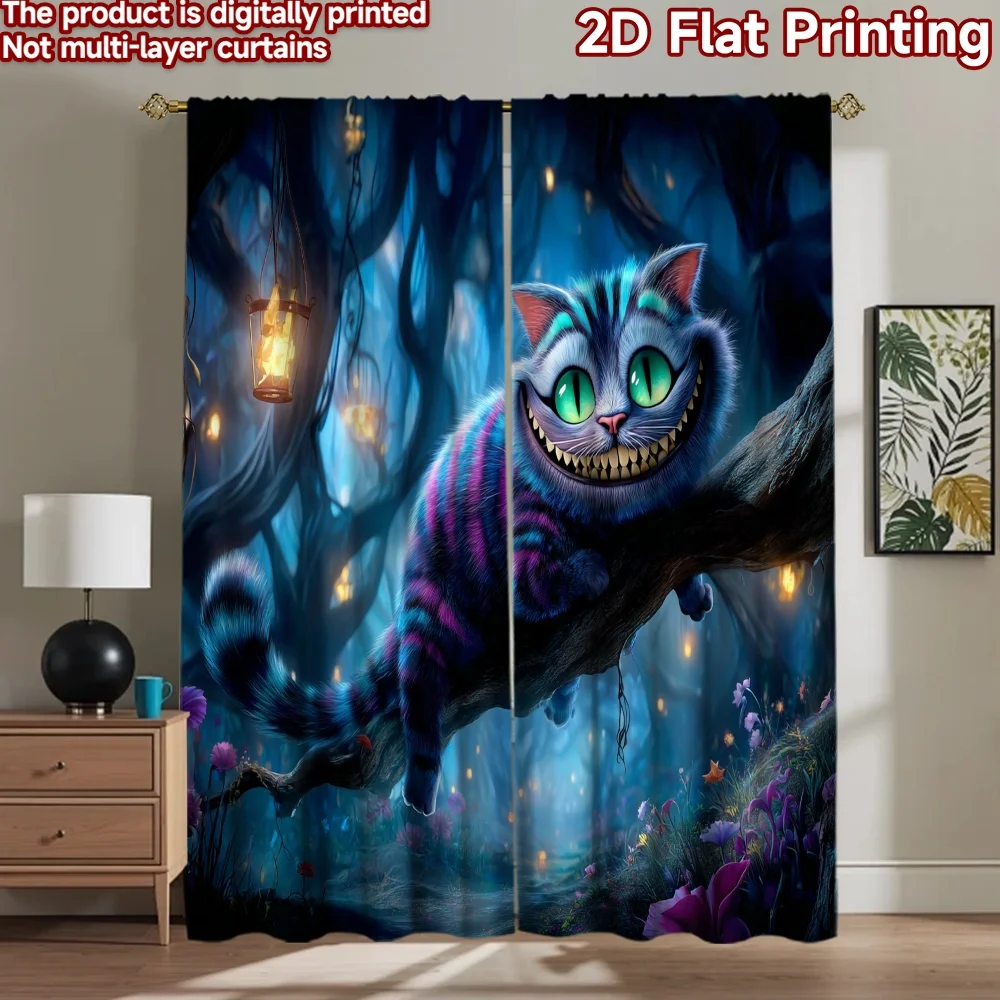 2D flat printing 2pcs Curtains Cheshire Cat Wonderland Whimsical Cat Digital Printed Polyester Drapes Family Party for Home Wall