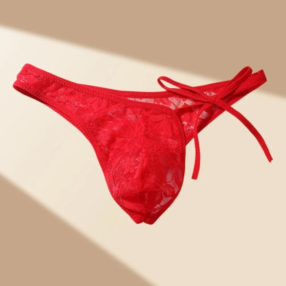 Low Waist Men's Lace Transparent Thongs Strapped Belt Underpants Men's Mesh Lace Panties T-back Thin Male Lace Briefs Male