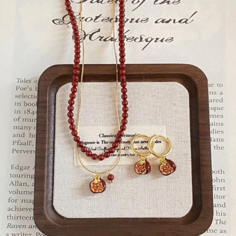 Lucky Red Pomegranate Pendant Necklaces for Women Sweet Cute Fruit Clavicle Chain Charm Valentine's Day Jewelry Gift