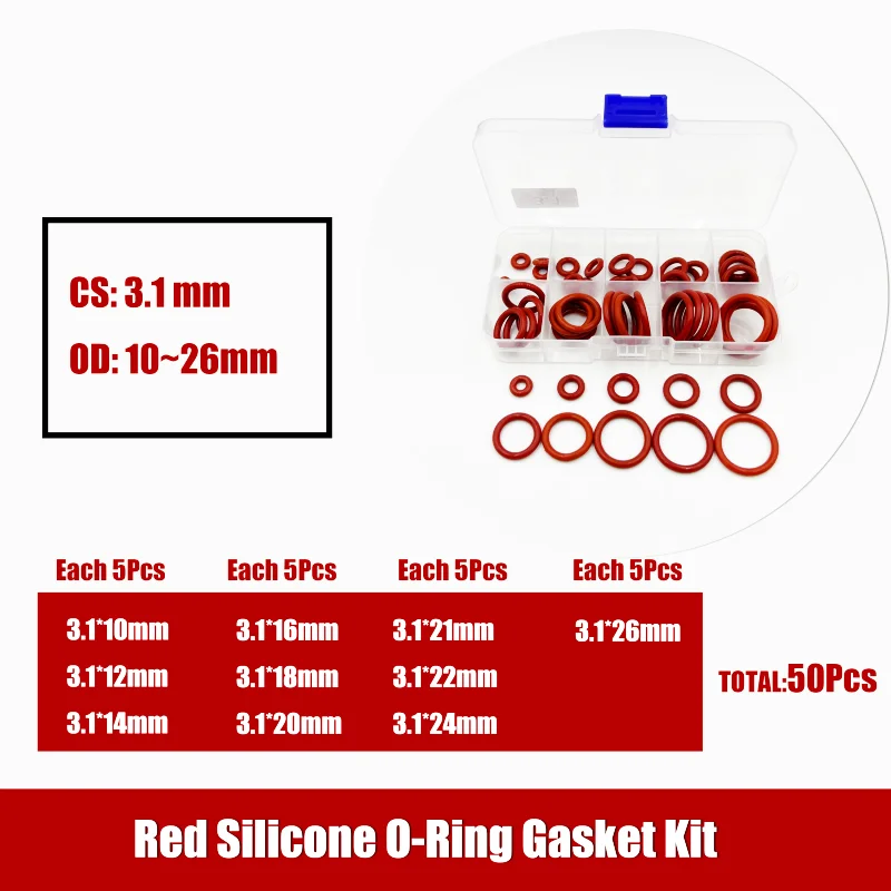 O-Ring in Silicone rosso spessore 1.5/2/2.4/3.1mm Kit guarnizioni per rondella di tenuta VMQ con isolamento ad alta temperatura resistente all'olio impermeabile