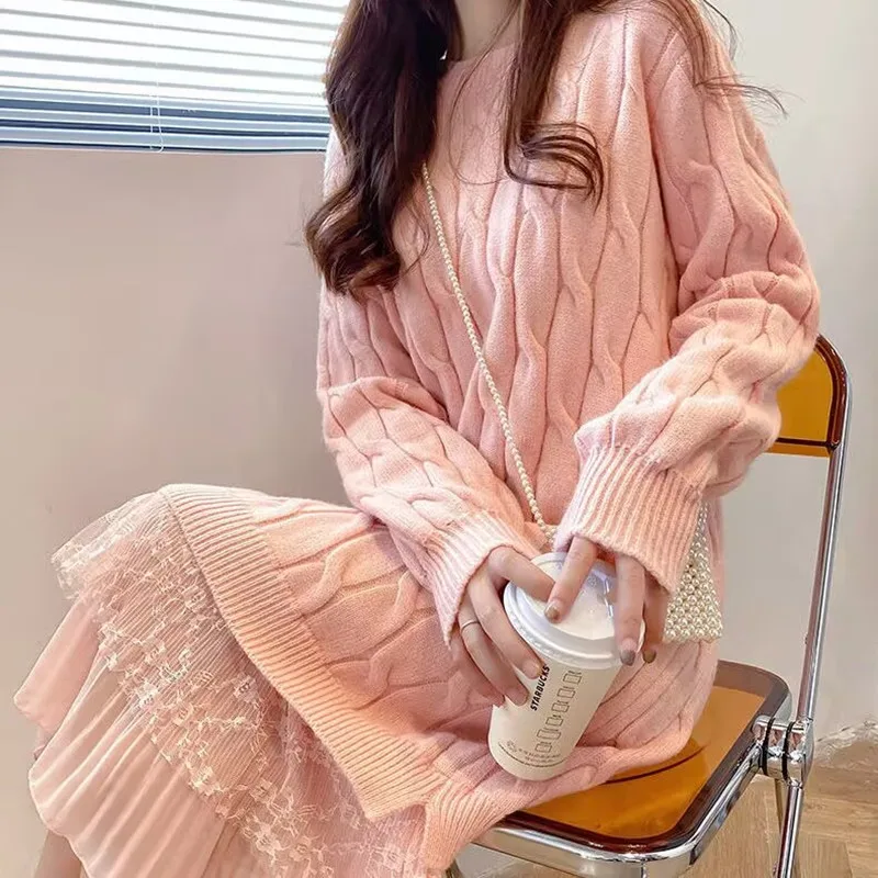 Woman Autumn Winter Knitted Sweater Dress 2025 Female Elegant Lace Patchwork Long Sweater Korean Outerwear Loose Sweater Dress