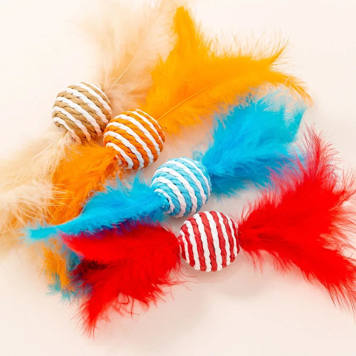 Cat Toy Paper Rope Ball Double Ended Feather Bite Resistant Scratch Resistant Interactive Toy Supplies