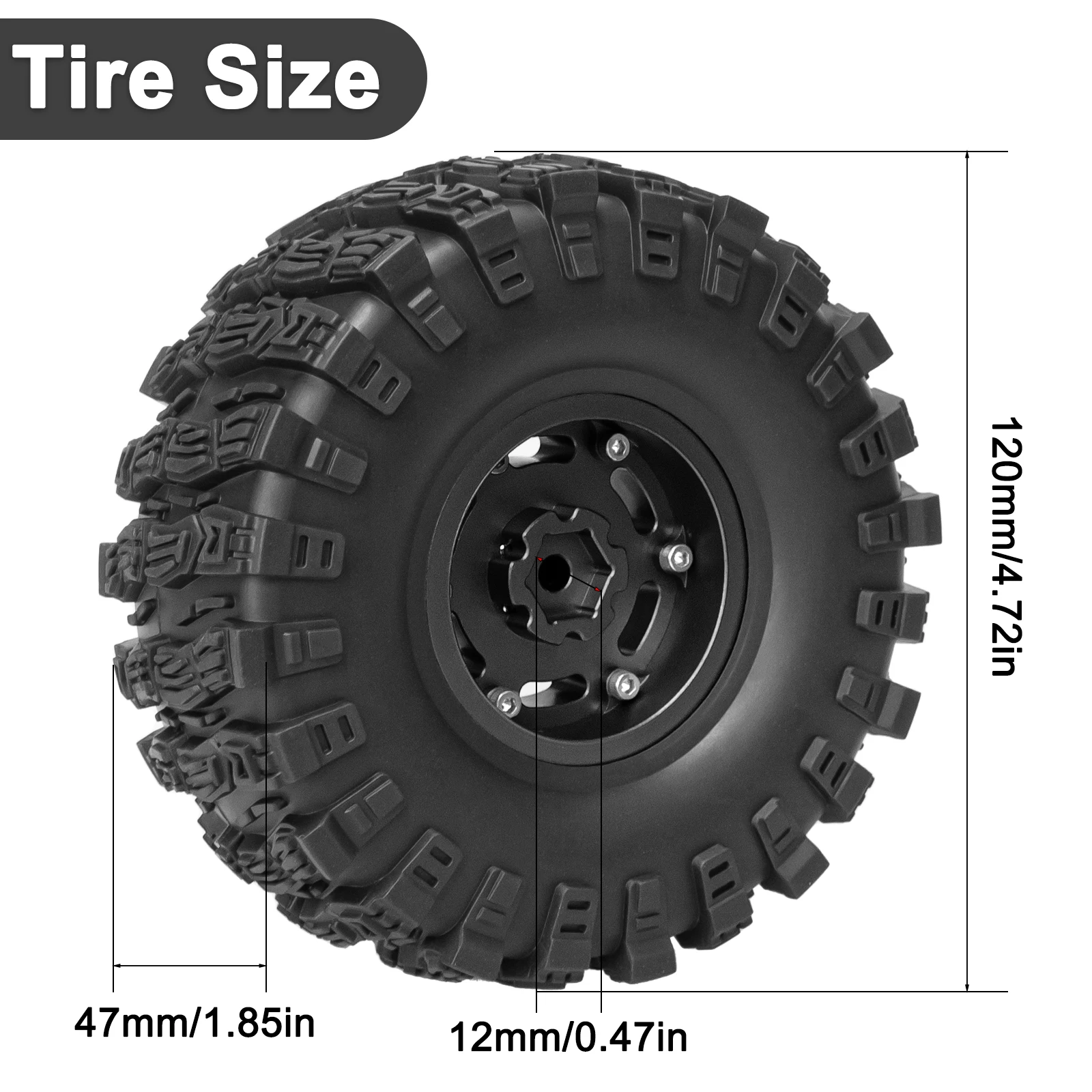 OKHL 4PCS 1.9 Inch 120x47mm Tires Metal Beadlock Wheels 12mm Hex for 1/10 Axial SCX10 TRX4 D90 Redcat Gen8 Crawler Black