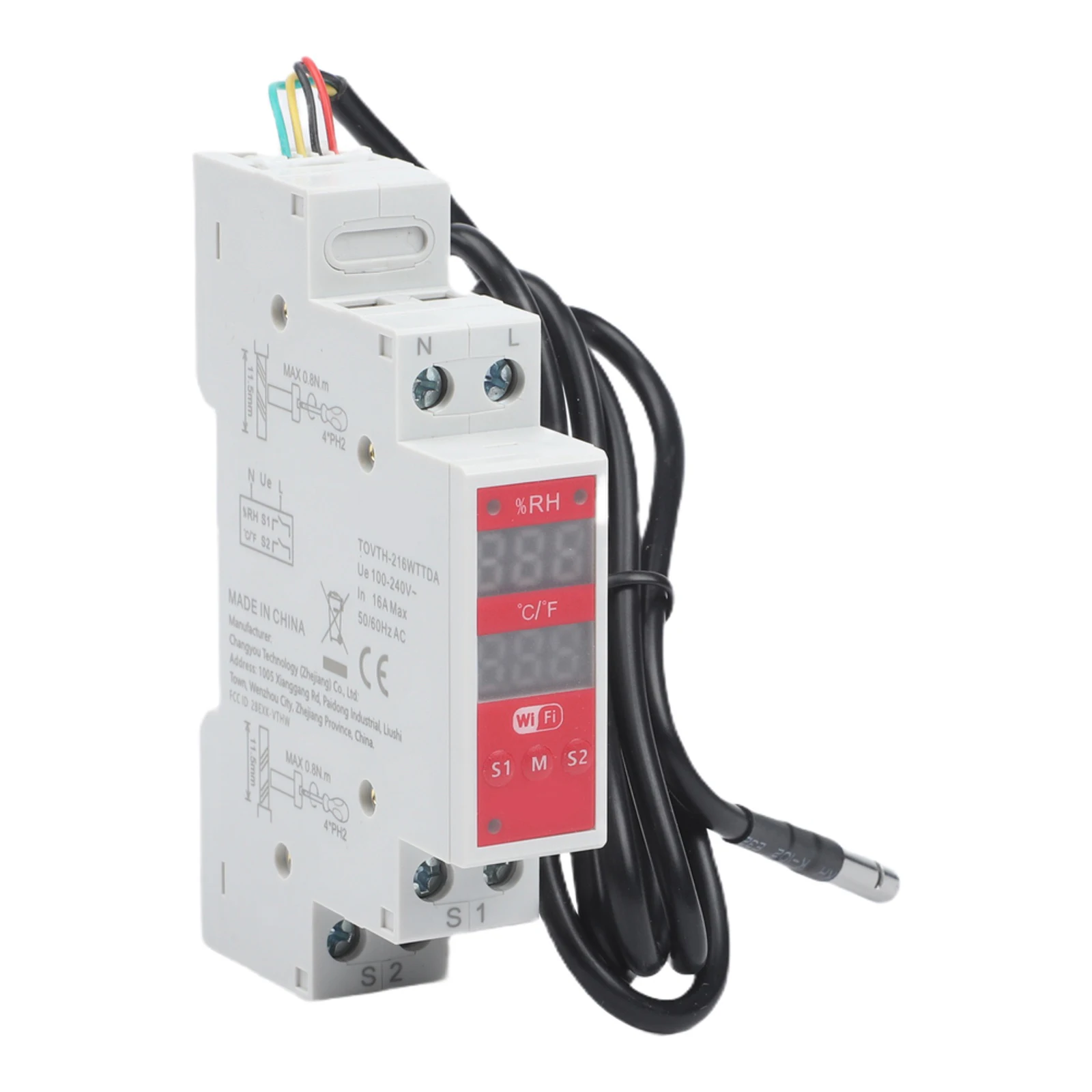 Programmable DIN Rail Thermostat with Digital Display and Temperature Probe Sensor Supporting Remote Control and Alarm Alerts
