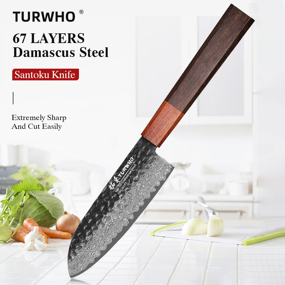 TURWHO 5 Inch Santoku Knife Damascus Japanese Steel Kitchen Knife VG10 67-Layer High Carbon Full Tang Best Chef Kitchen Tools