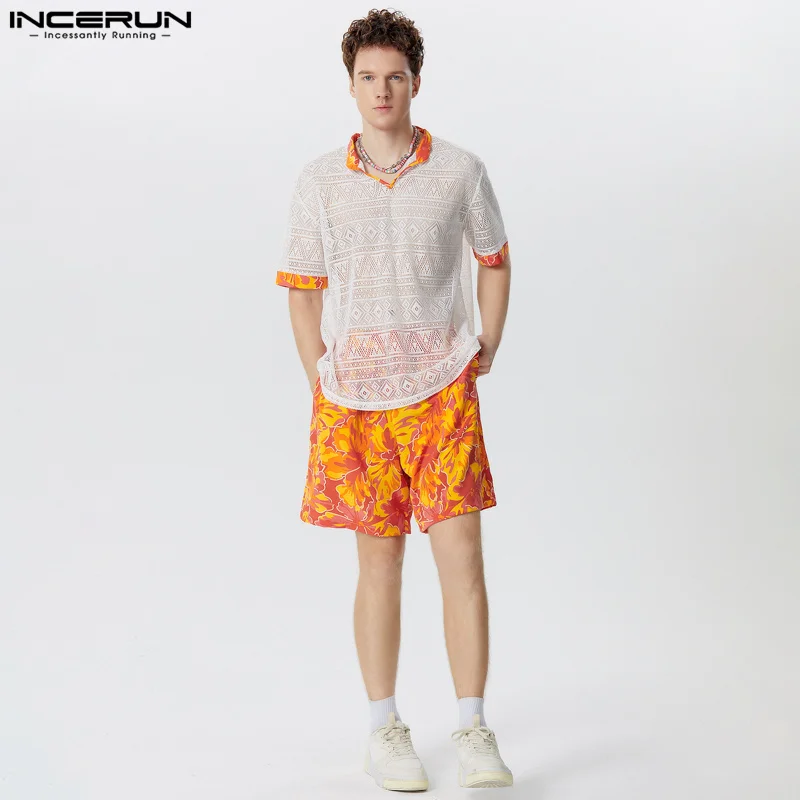 INCERUN 2024 American Style Sets Fashion Men's Lace Mesh Lapel Tops Floral Shorts Casual Streetwear Summer Two-piece Sets S-5XL