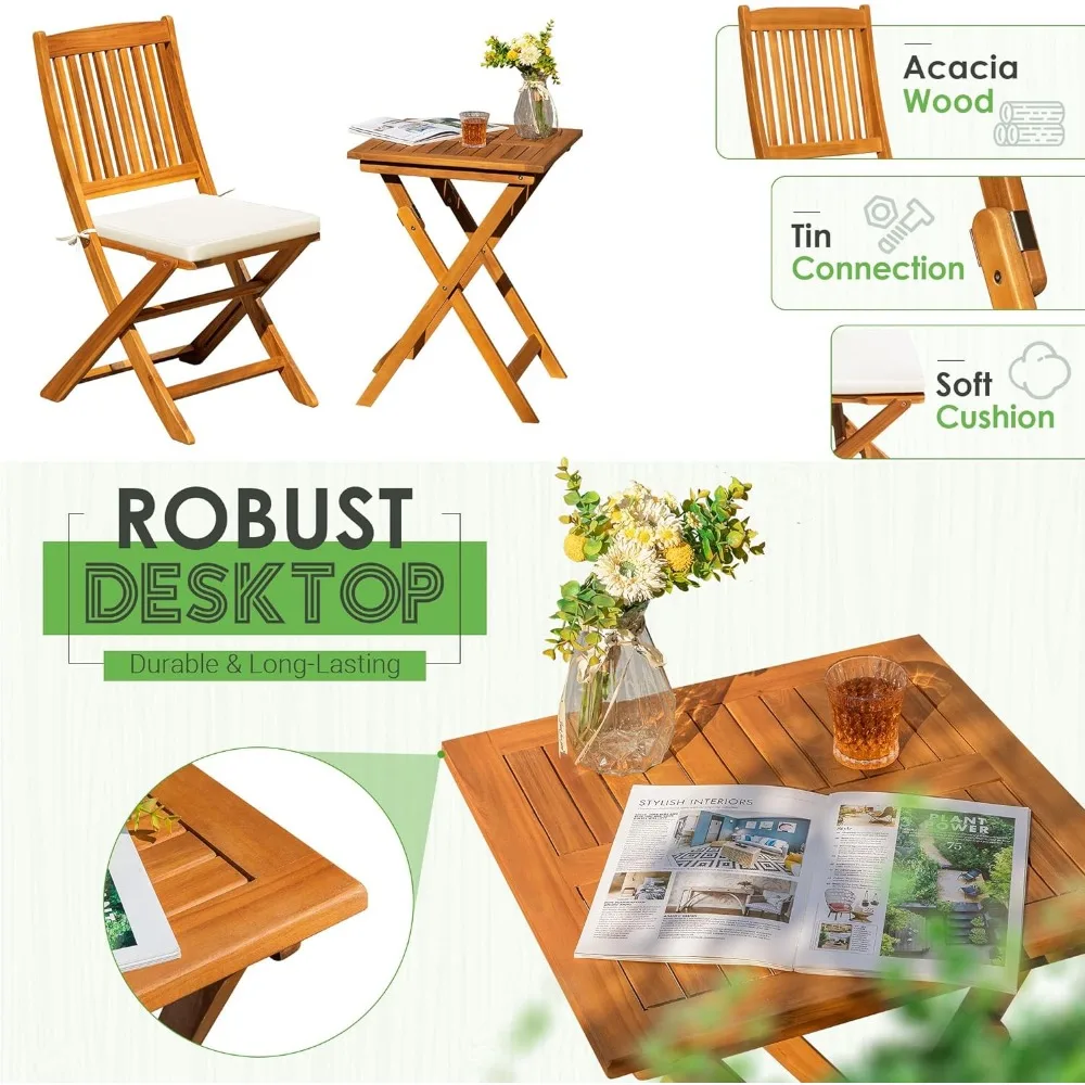 3-Piece Pátio Folding Bistro Set com 2 Almofadas, Acacia Wood Almofadas, Piscina, Praia, Quintal, Varanda, Alpendre, Deck, Jardim