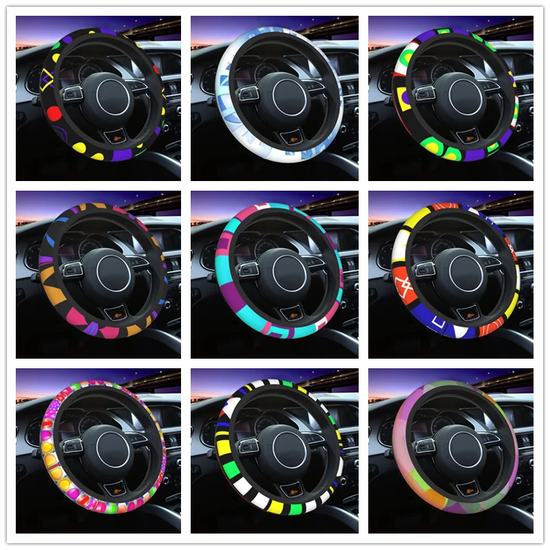 38cm Car Steering Wheel Cover Colorful Geometric Shapes Universal Cute Auto Decoration Colorful Automobile Accessory