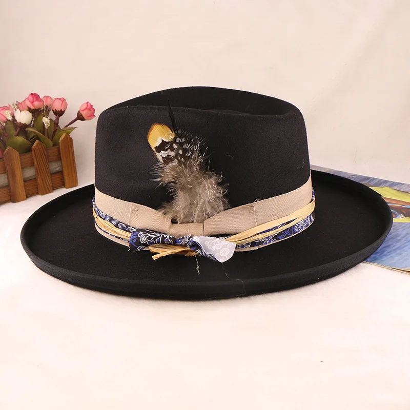 

Tweed Fedora Hat with Feather & Rolled Brim, Two-Tone Wide Brim Cloche for Women, Wool Blend Fashion