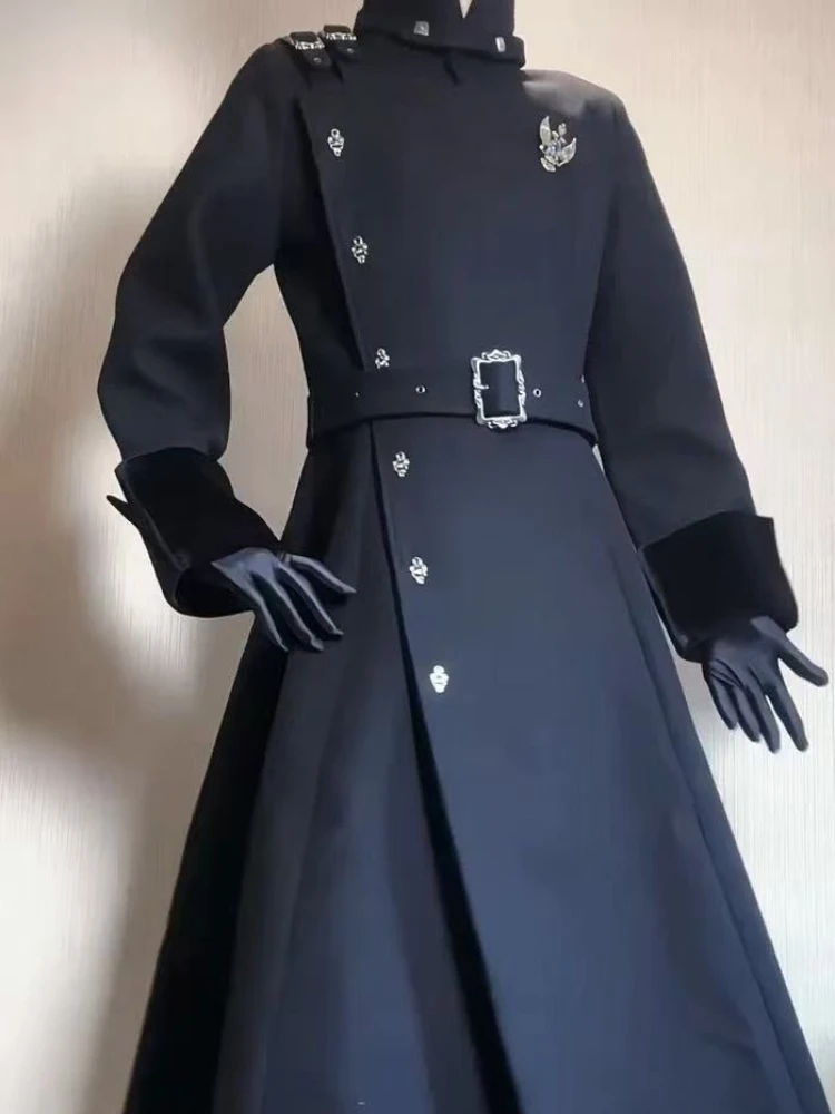 2025 الشتاء القوطية مربوط سليم منتصف طول معطف الصوف أسود أنيق المرقعة خندق شارع العليا مكتب سيدة سترات رجالي جديد #5
