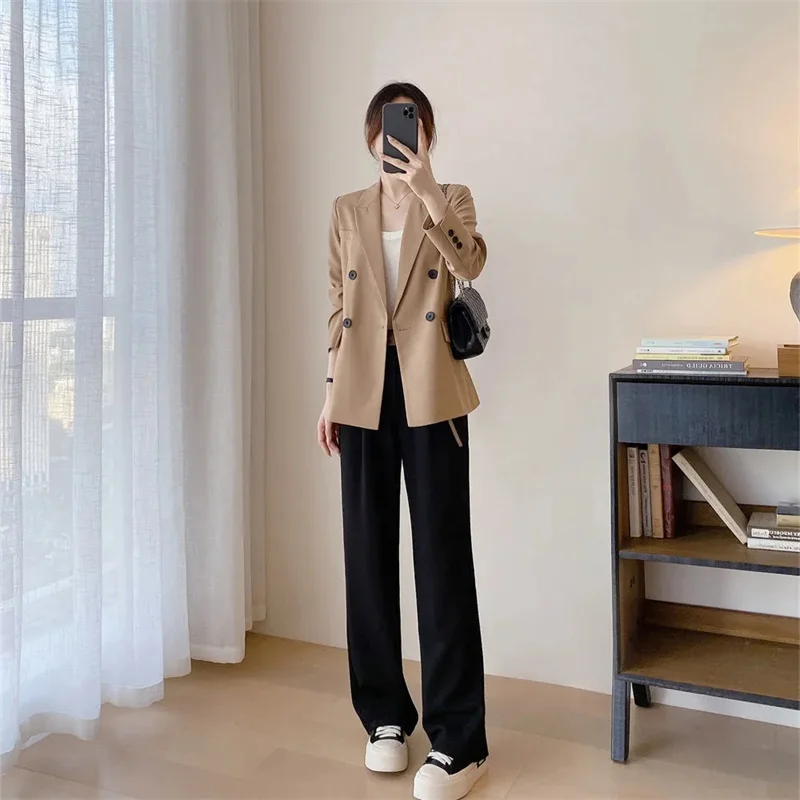 High Waist Khaki Suit Wide Leg Women‘s Full Pants Autumn Female Elegant Minimalism Straight Loose Trousers 2025 New