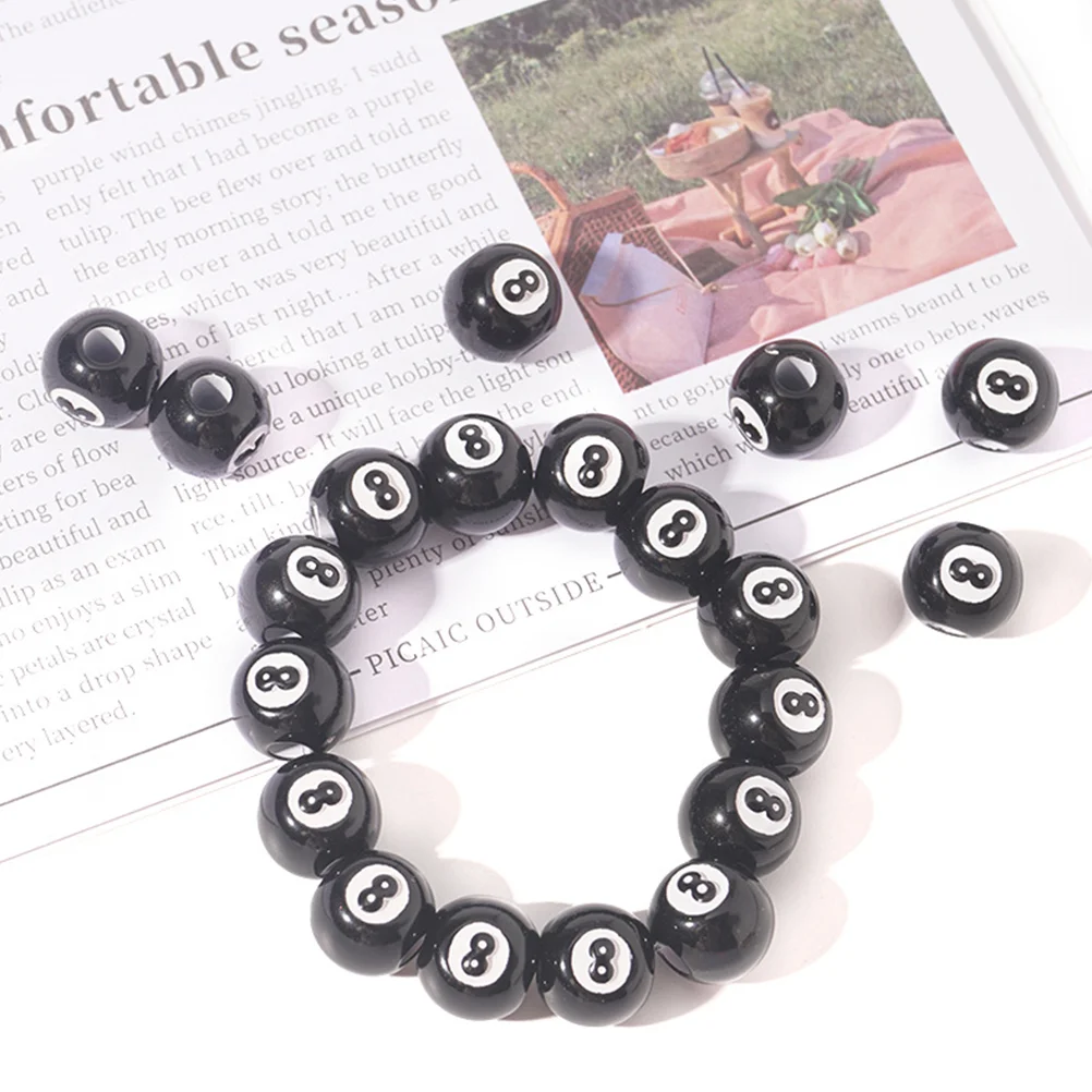 50 Pcs Acrylic Pool Loose Beads Beaded Bracelet Eight Ball Jewelry Making Black Round Billiard DIY Necklace