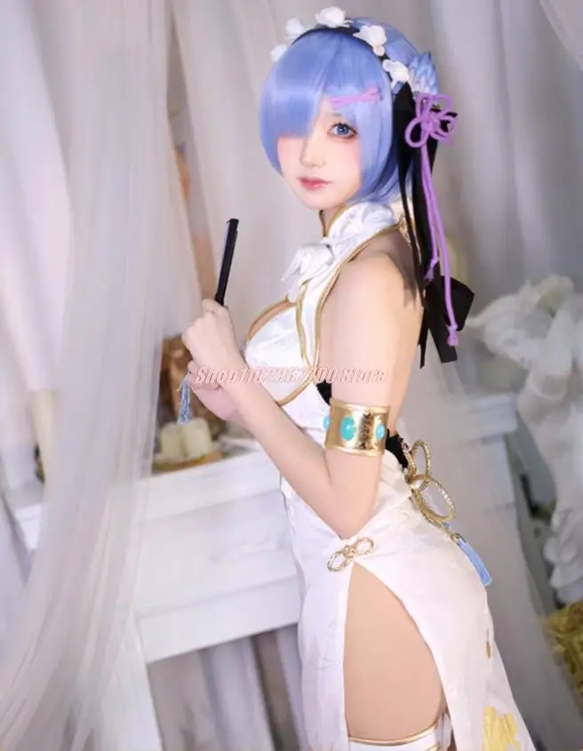 Rem Cosplay Anime Re Zero Rem Graceful Beauty Cheongsam Costume Re: Starting Life In A Different World Fancy Chinese Dress Wig