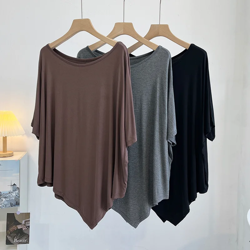 Loose Large Size Asymmetrical T-Shirt Women's 2026 New Elegant Design Big round Neck Batwing Sleeve Top Modal Casual Fashion