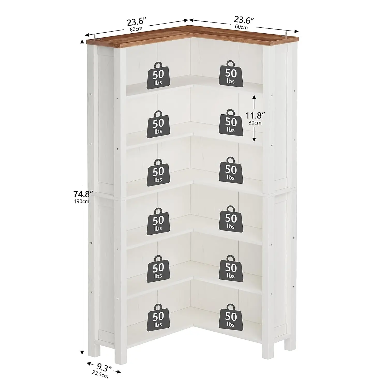 Wood Corner Shelf 6 Tier 75 Inch Tall Floor Standing Display Storage Living Room Kitchen Office White Brown, Customized