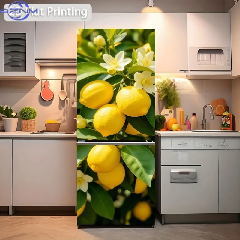 [2D Flat Printing] 1pc Refrigerator Sticker 23.62×70.87 inch Chic Lemon Theme Design Wall Sticker Decoration Wallpaper Self-Ad