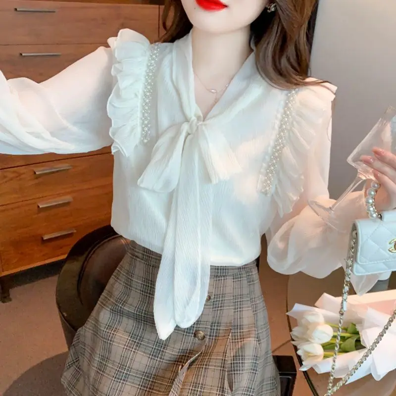 Spring New Women\'s Clothing Korean Fashion Bow Lace Up Elegant Shirt Office Commute Chiffon Blouse Solid Long Sleeve Loose Tops