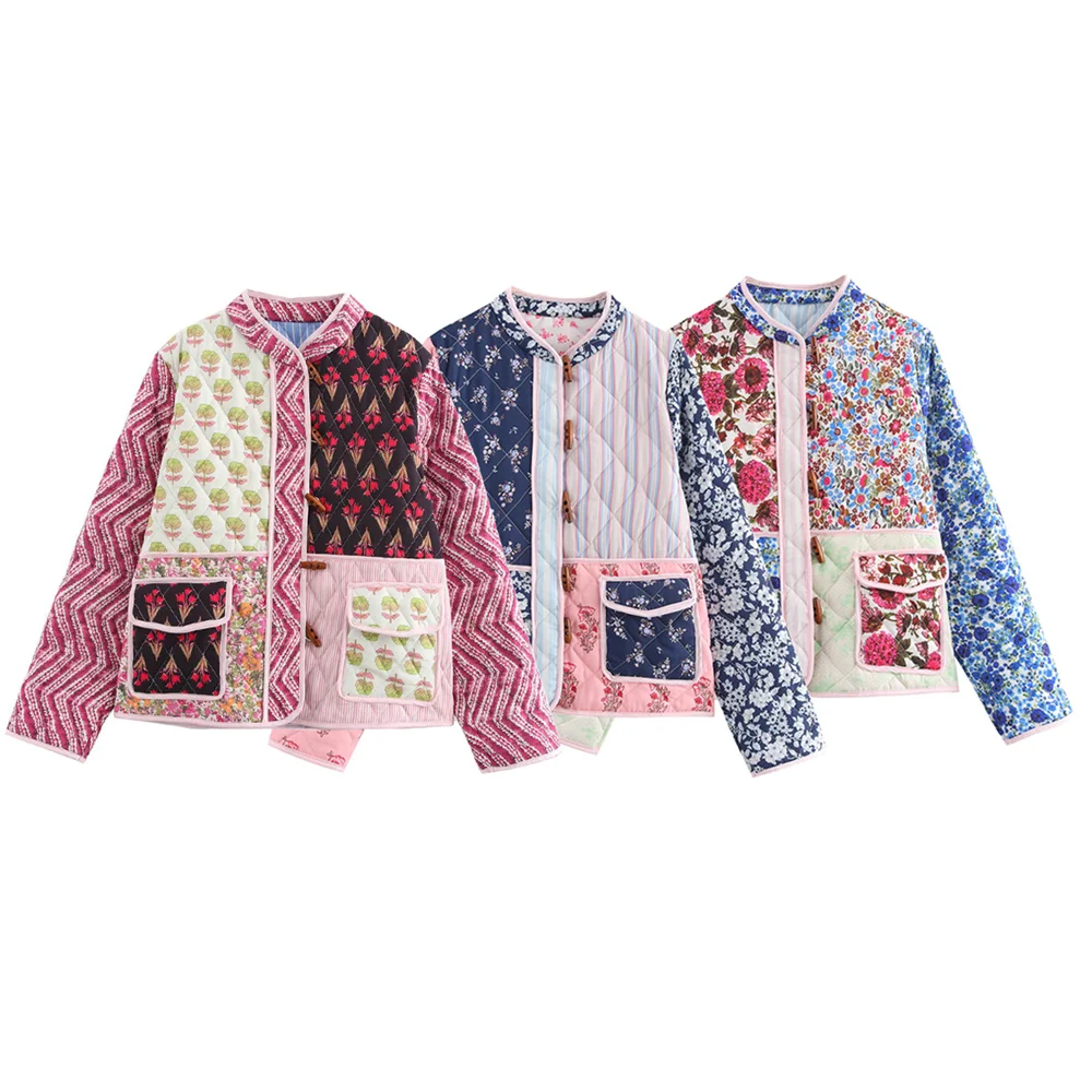 Kar&Otza 2024 autumn and winter new women\'s versatile stand up collar printed cotton loose casual patchwork cotton jacket