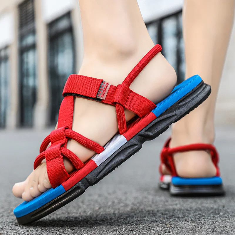 Trendy Colorful Men Flat Flips-flops 2023 Summer Hook And Loop Design Men Sandals Comfortable Lightweight Male Beach Sandals