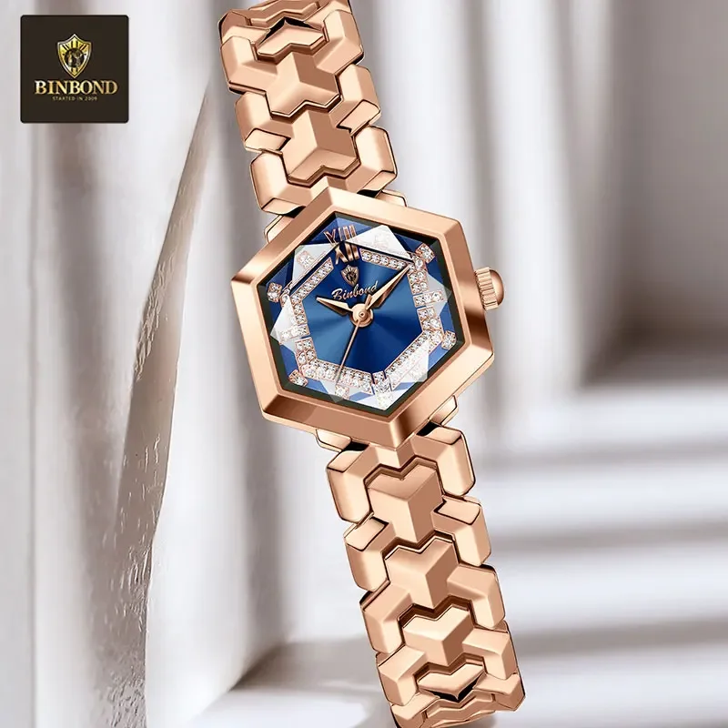 BINBOND ساعات نسائية أنيقة موضة المعين مرآة السيدات ساعة اليد مقاوم للماء مضيئة الماس الهاتفي ساعة كوارتز أصلية #3