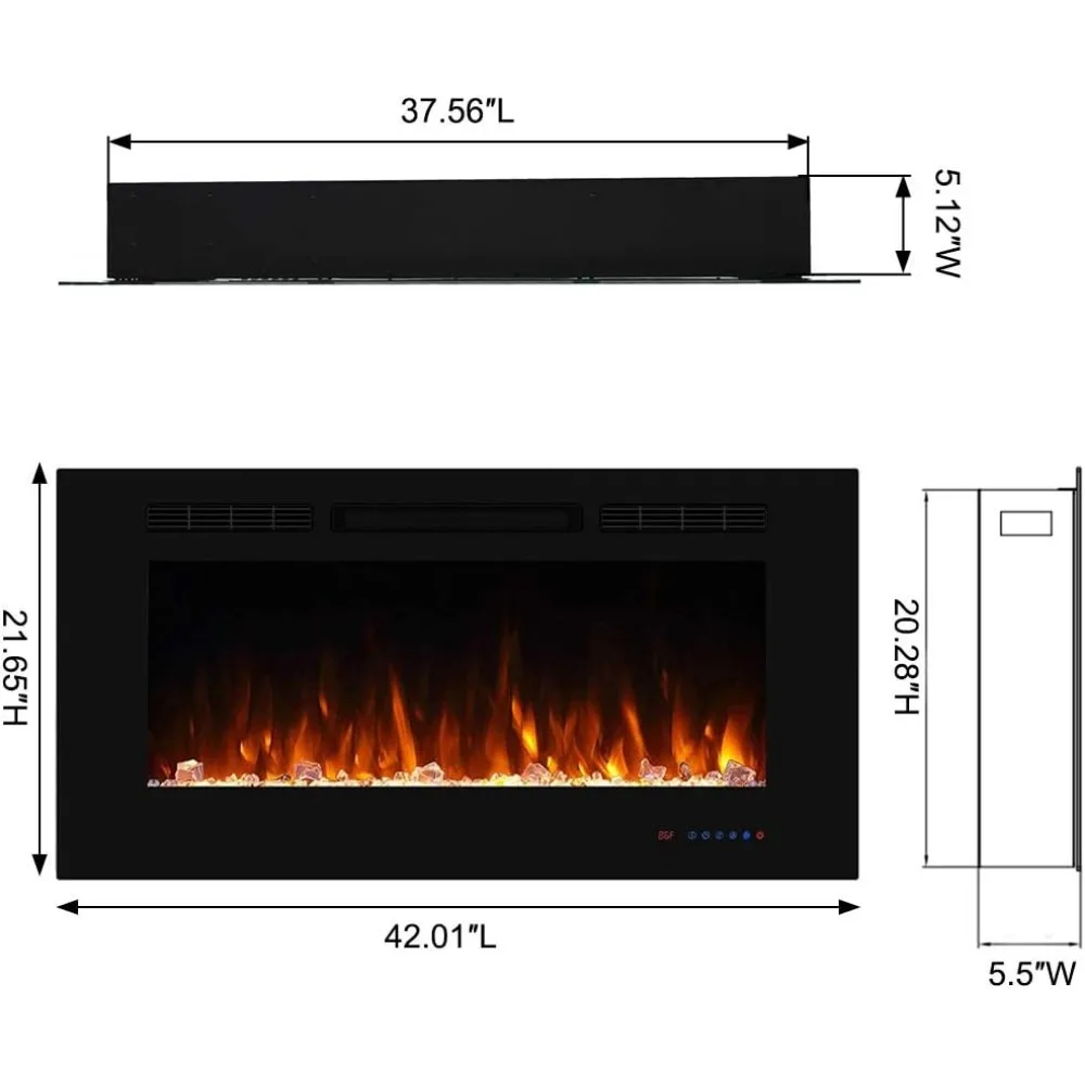 42 Electric Recessed Fireplace, 5 Adjustable Flames, Log or Crystal, Touch & Remote Temperature Control