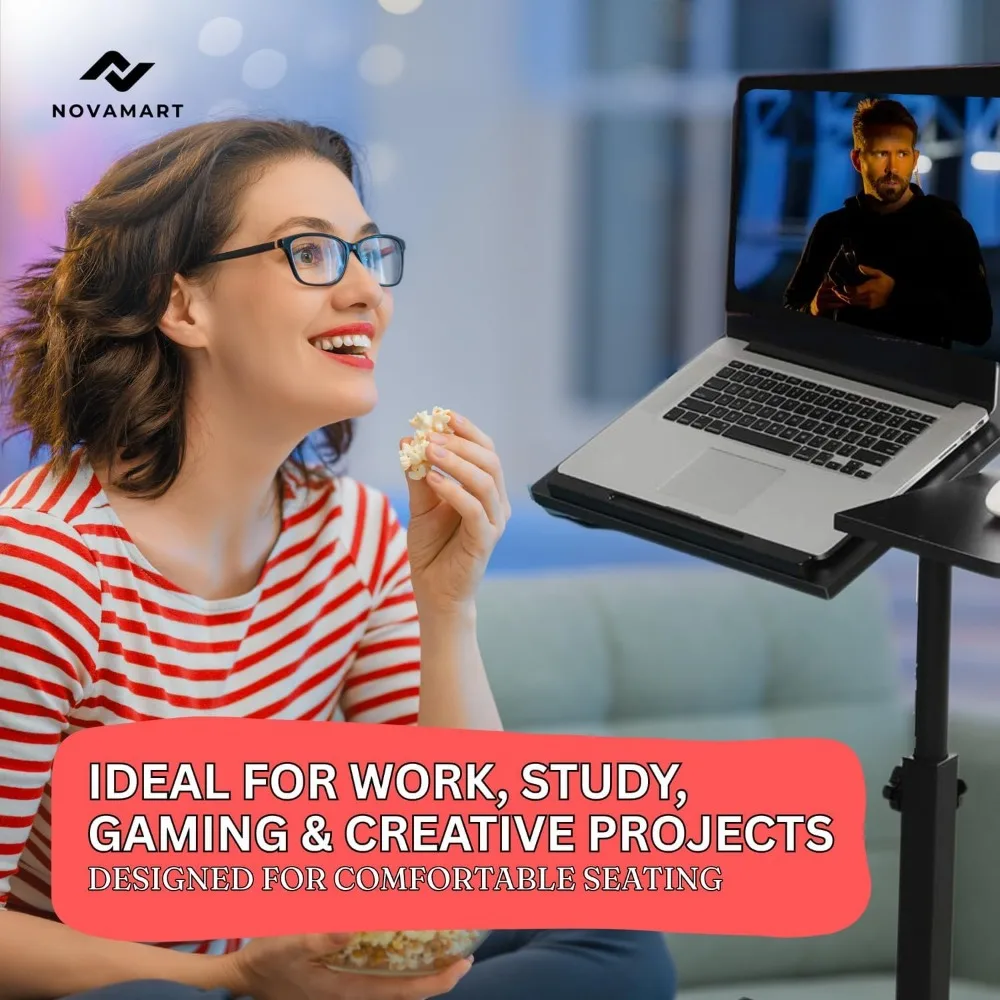 مكتب كمبيوتر محمول قابل لضبط الارتفاع - محطة عمل متنقلة مع سطح MDF وإطار فولاذي للمكتب المنزلي