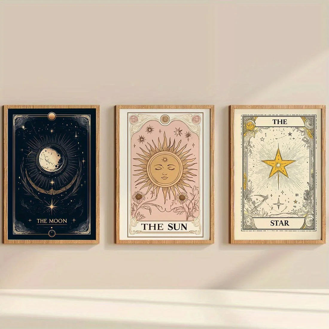 （Noframe 3PCS）-2D Flat, 2D Flat, Set of 3 Canvas Art Featuring The Sun, Moon, And Stars - Unframed Wall Decoration for Living