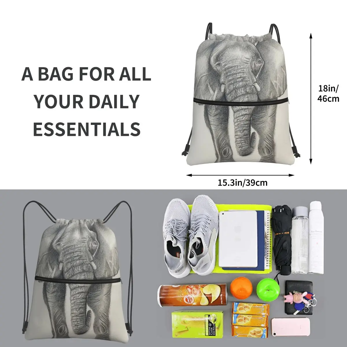 Mochilas portáteis de elefante preto e branco, saco de cordão, bolso, sacos de armazenamento para viagens, esporte, homem, mulher