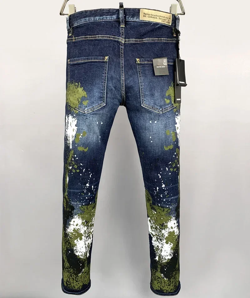 new BRAND D2 Men Jeans Denim Pants Hole Slim Pencil Trousers Metal Buttons Fashionable blue DSQ2 cool guy JENAS for men 9927