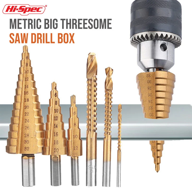 Titânio passo broca conjunto hss reta sulco 6-32mm buraco de metal cortador de madeira cone núcleo furo de perfuração viu ferramenta torção viu broca