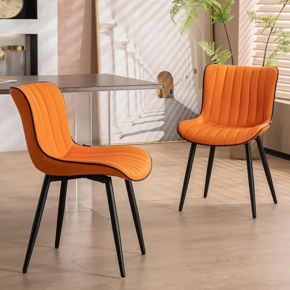 Orange Dining Chairs Set of 2 Upholstered Mid Century Modern Kitchen Chairs Armless Faux Leather Accent Guest Back Metal Leg