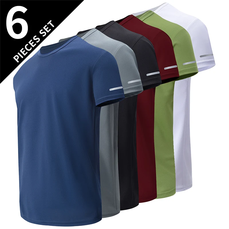 2/4/6Piece Four Seasons Men's Solid Color Round Neck Short Sleeve Top With Printed Cuffs Youth Sports And Leisure T-shirt trendy
