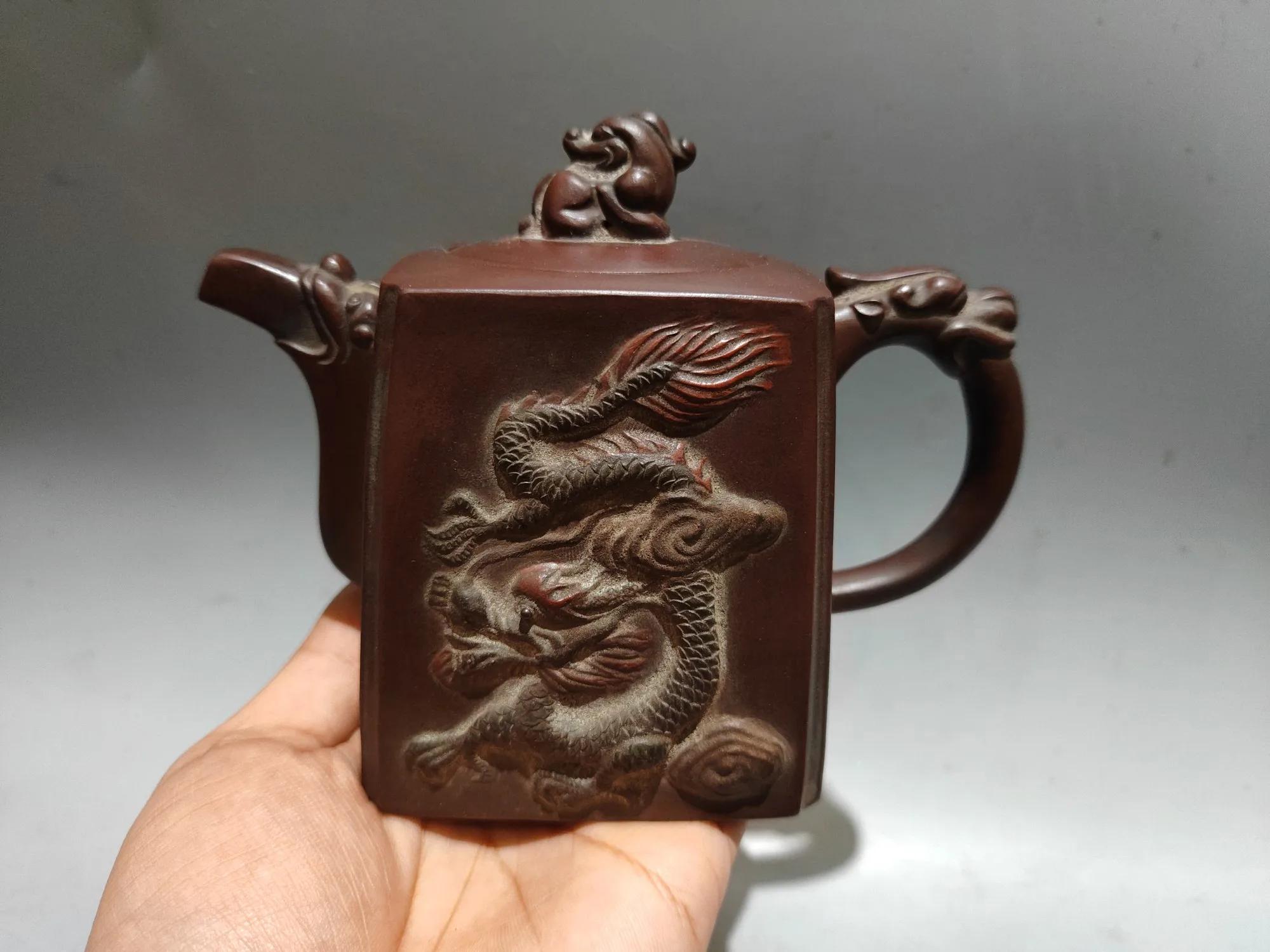 Old Chinese Handicraft Enameled YiXing Zisha (red stoneware) Teapot,Four-sided Relief Dragon Kettle