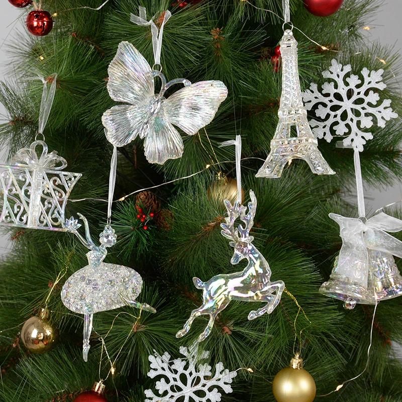 

Christmas Tree Acrylic Crystal Pendant Clear Snowflake Bell Elk Xmas Tree Hanging Ornament 2024 Chrismas Home Deco New Year Gift