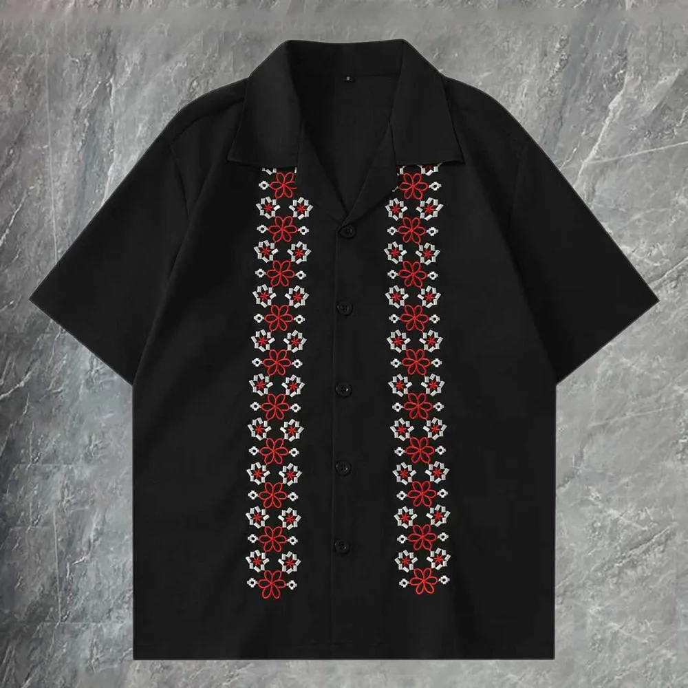 Flower Embroidery Shirts Men Camisa Social Masculina Short Sleeve Casual Shirt Black Beige Shirt Party Dress Shirts Men Clothing