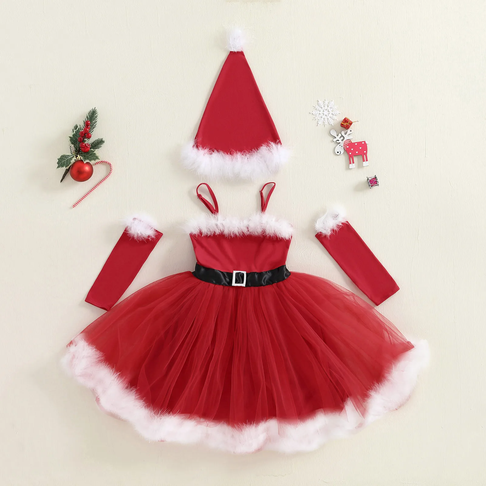 Tregren Kids Little Girls Christmas Outfit Fuzzy Trim Spaghetti Strap Tulle Dress + Santa Claus Hat + Arm Sleeves Winter Clothes