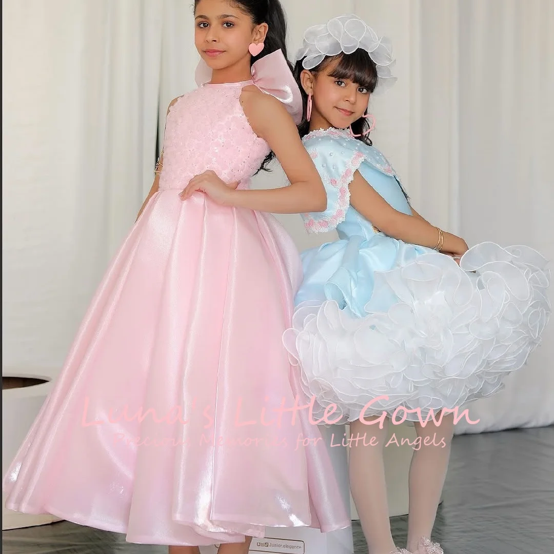 

Pink Halter Neck Satin Dress With 3D Floral Bodice & Large Bow Kids Wedding & Birthday Flower Girl Pageant Gown Customized