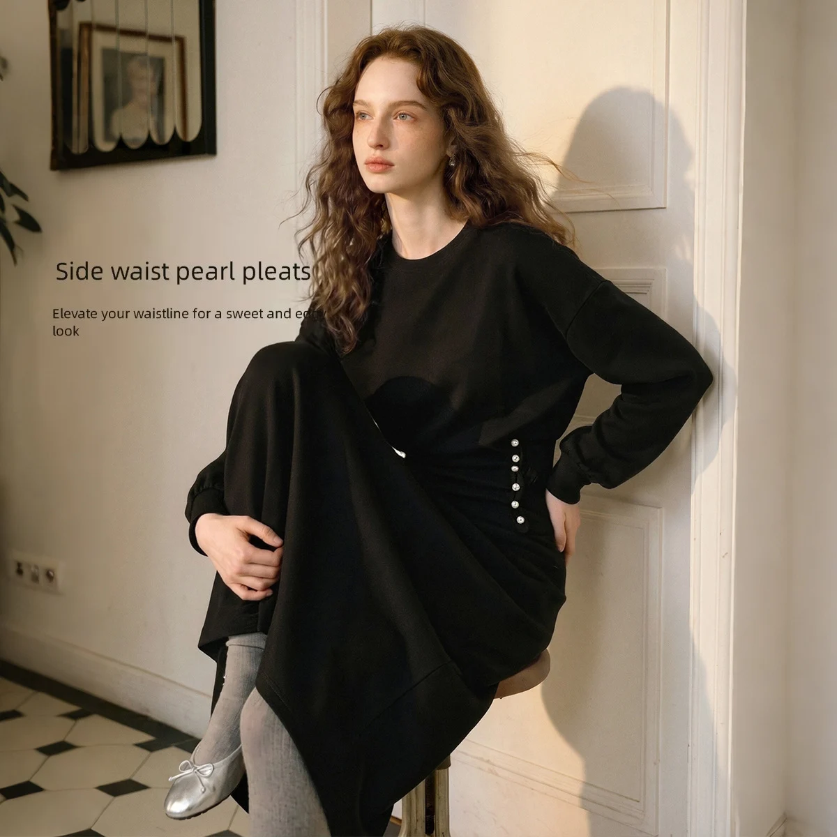OLrain Skirt Women's Clothing 2026 Autumn And Winter New Black Round Neck Bat Sleeve Pleated Straight Through Two-p O58QE010260