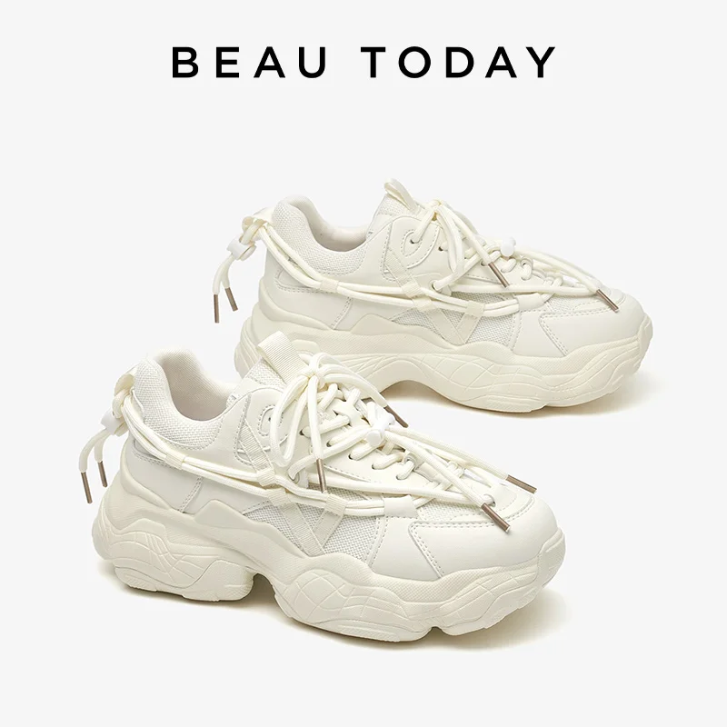 

BEAUTODAY Chunky Sneakers Women Split Leather Patchwork Lace-Up Closure Spring Casual Ladies Platform Shoes Handmade A29393