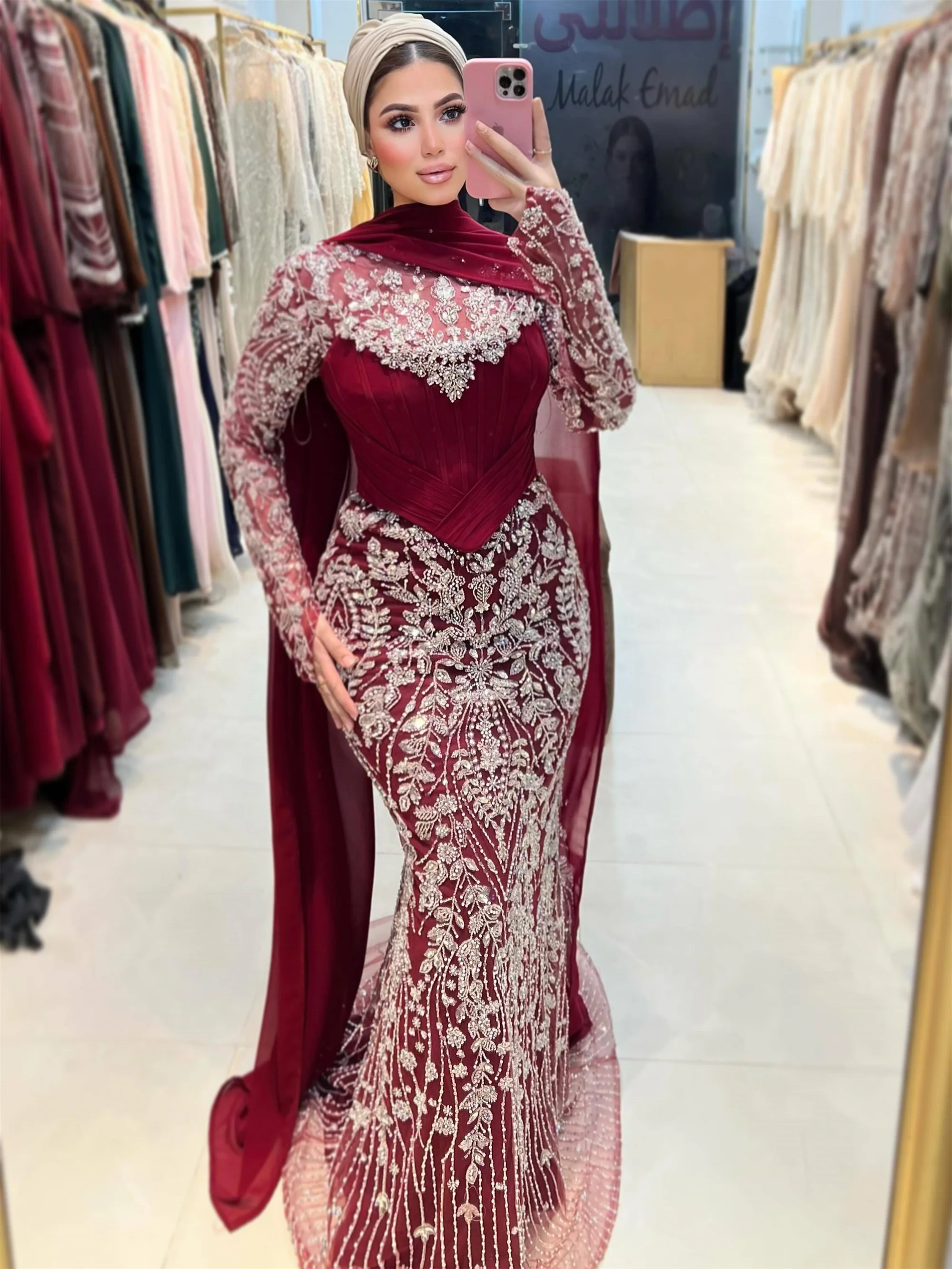 Dubai Muslim Beaded Evening Dresses Mermaid Burgundy Long Sleeves Formal Occasion Dresses Party Gowns Robes De Soirée Customized