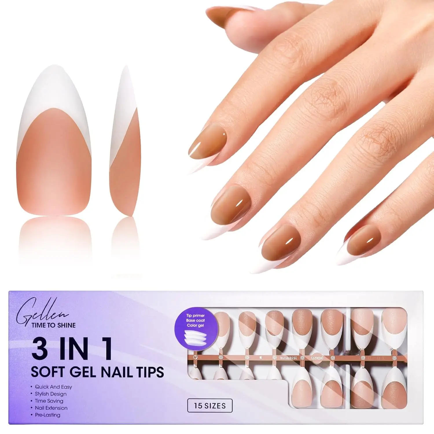 

Gellen Press on Nail 3 in 1 Soft Gel Fake Handmade Nails White Supplies Set Brown Almond Tips Ons Tip Finger False Woman Art