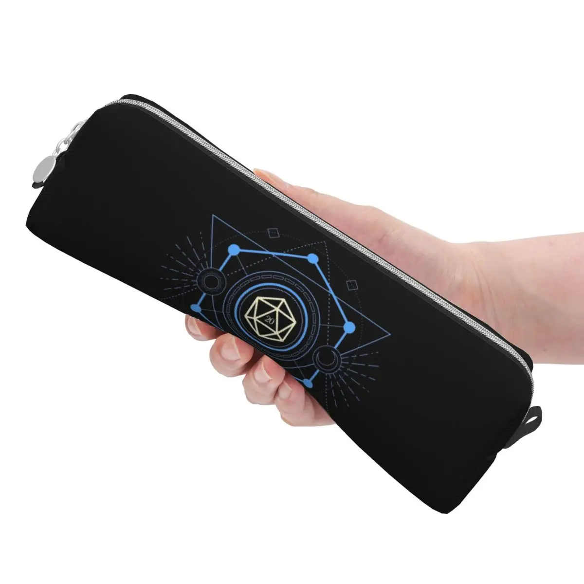 هندسية الحد الأدنى الأزرق متعدد السطوح D20 النرد منضدية RPG مقلمة أكياس القلم صندوق القلم مدرسة مكتب قلم رصاص الحقيبة حقيبة مستحضرات التجميل