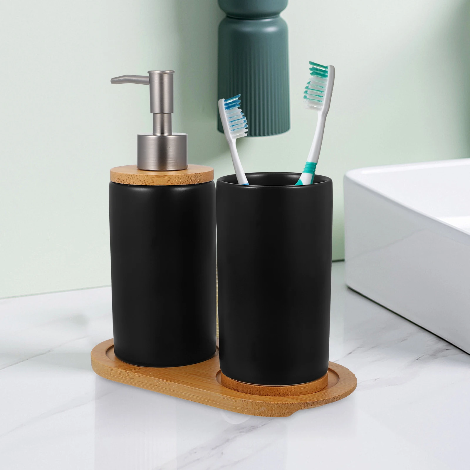 

1 set Ceramic Bathroom Accessories Set Toothbrush Holder Shampoo Dispenser Soap Container Refillable Shower Dispenser Vanity