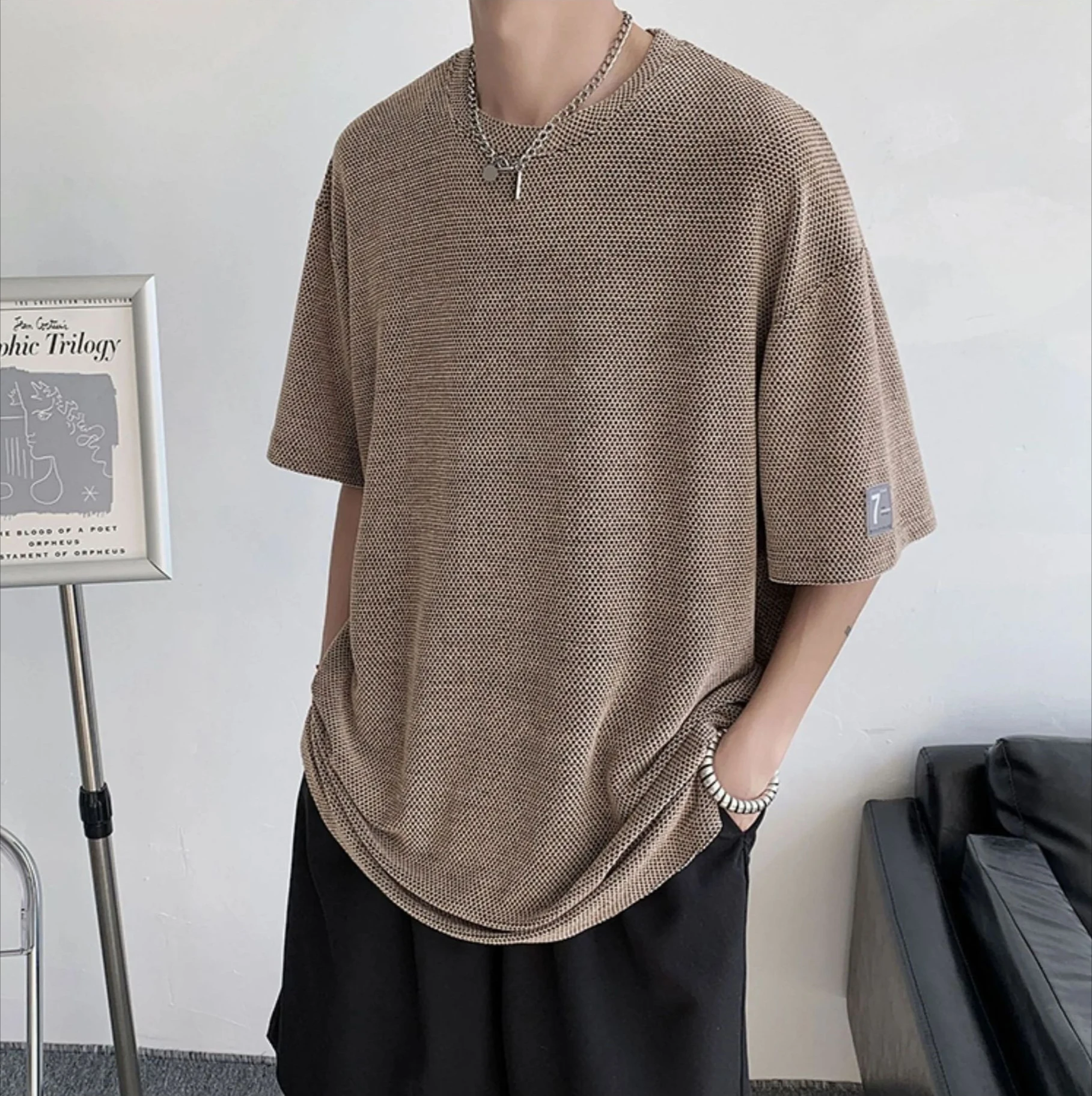 Korean Fashion Knitted Hollow Men's Short Sleeved T-shirt 2026 Summer New Casual Loose T-shirt Tops Streetwear Men Clothing