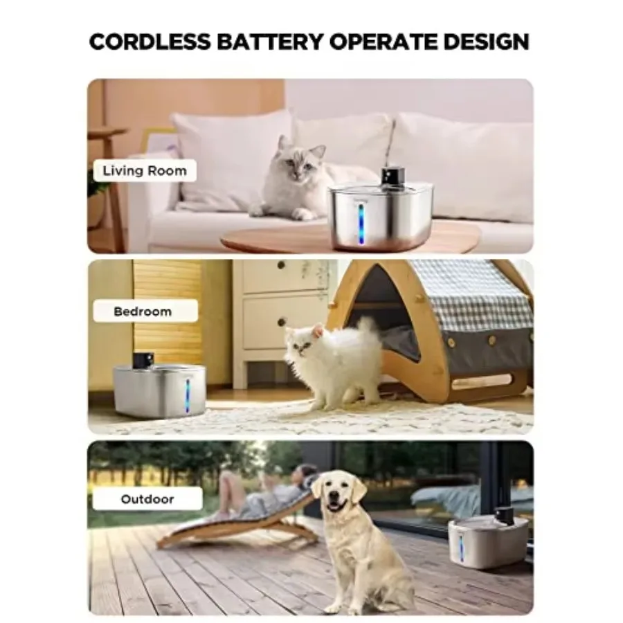 FurStarCordless Cat Water Fountain Battery Operated 4L Stainless Steel Pet Water Fountain For Cats Dogs With Motion Sensor Ultra